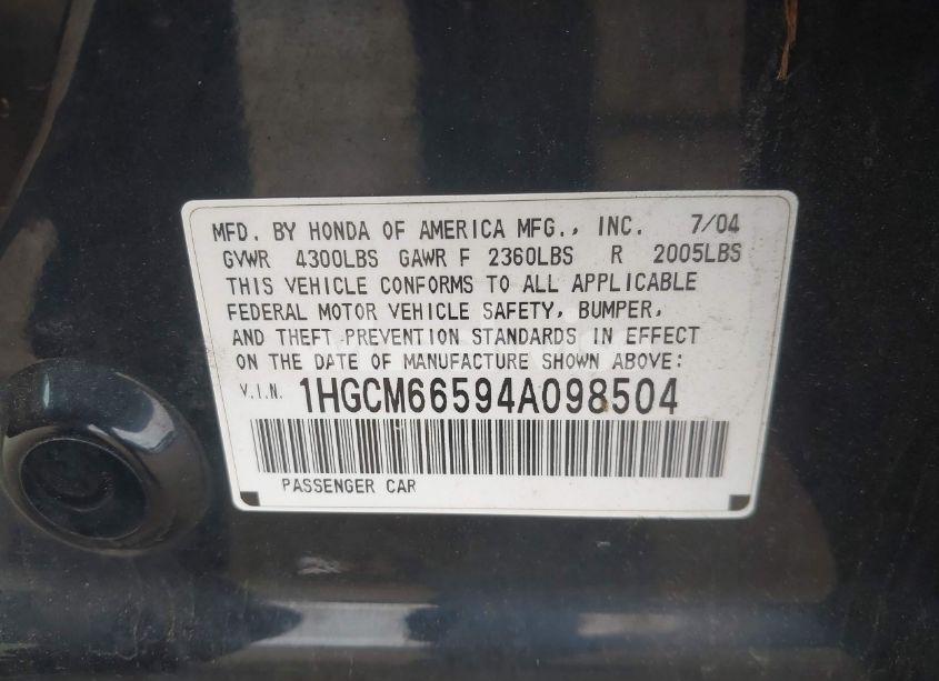 Photo 9 of 2004 Honda Accord 3.0 EX (VIN 1HGCM66594A098504)