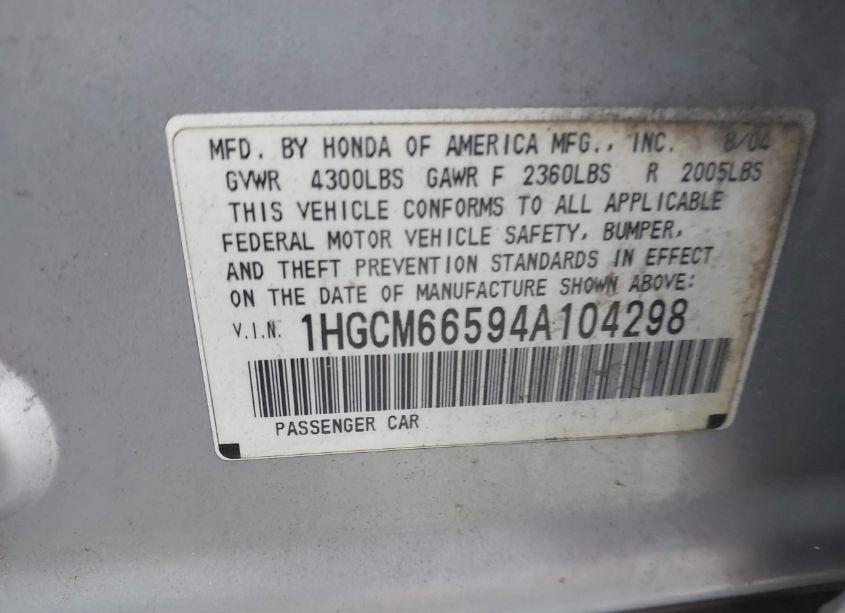 Photo 9 of 2004 Honda Accord 3.0 EX (VIN 1HGCM66594A104298)