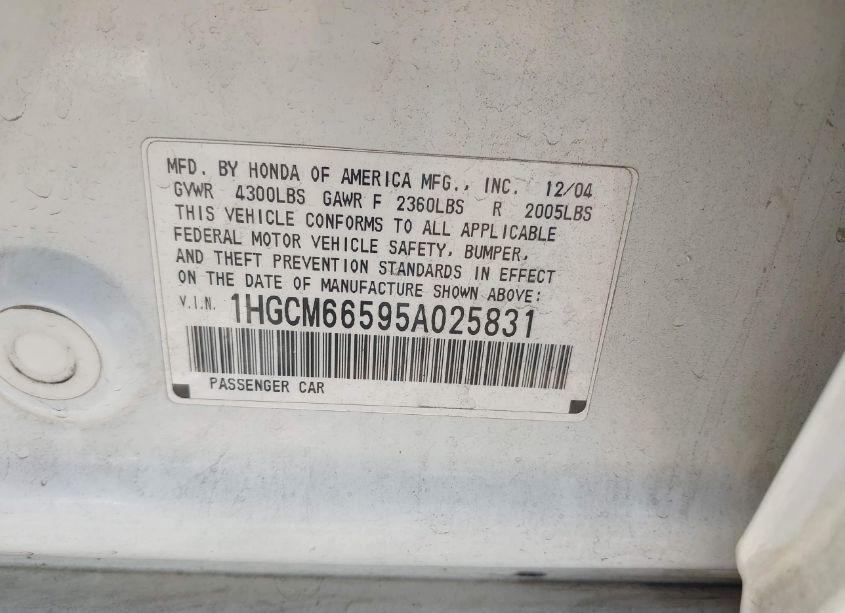 Photo 9 of 2005 Honda Accord 3.0 EX (VIN 1HGCM66595A025831)