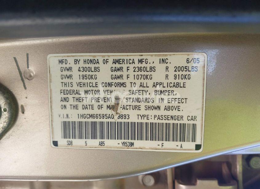 Photo 9 of 2005 Honda Accord 3.0 EX (VIN 1HGCM66595A069893)