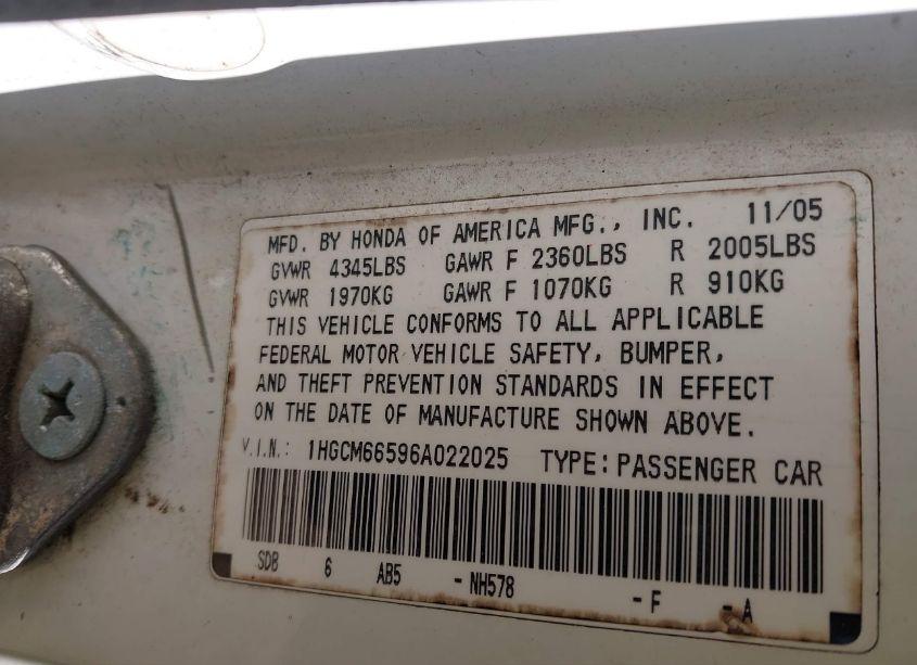 Photo 9 of 2006 Honda Accord 3.0 EX (VIN 1HGCM66596A022025)