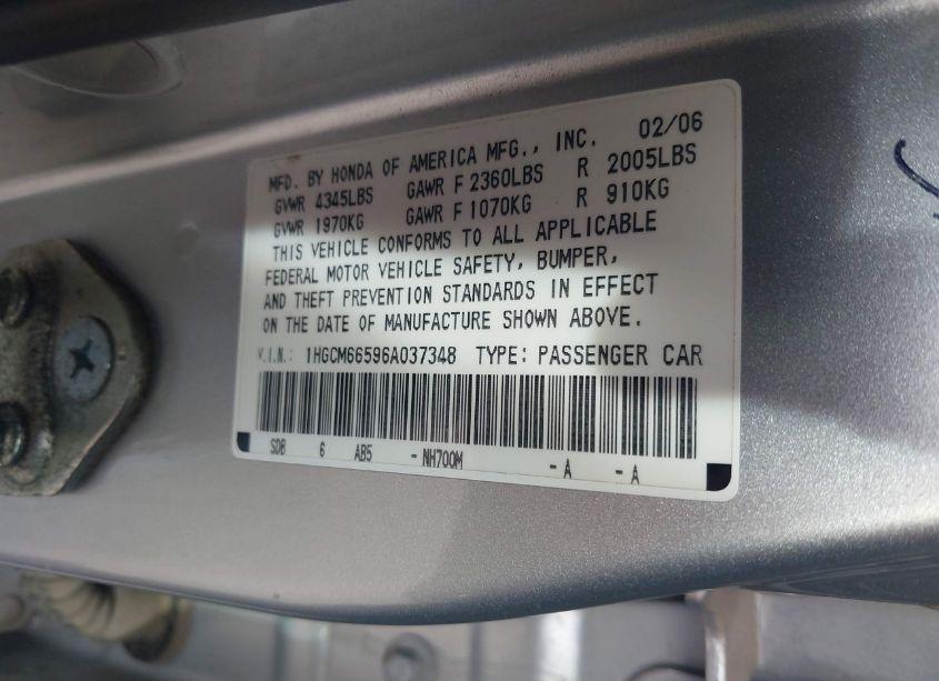 Photo 9 of 2006 Honda Accord 3.0 EX (VIN 1HGCM66596A037348)