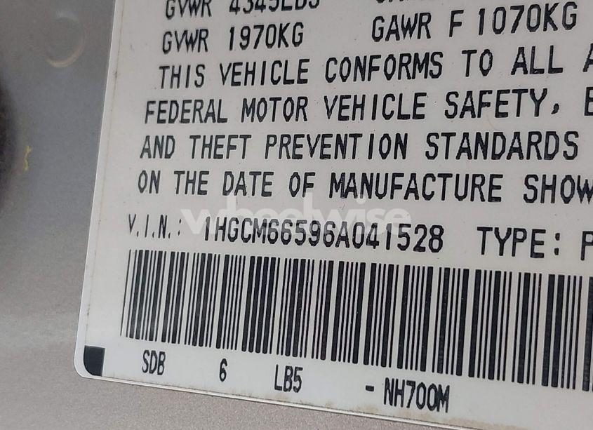 Photo 9 of 2006 Honda Accord 3.0 EX (VIN 1HGCM66596A041528)