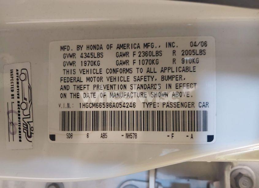 Photo 9 of 2006 Honda Accord 3.0 EX (VIN 1HGCM66596A054246)
