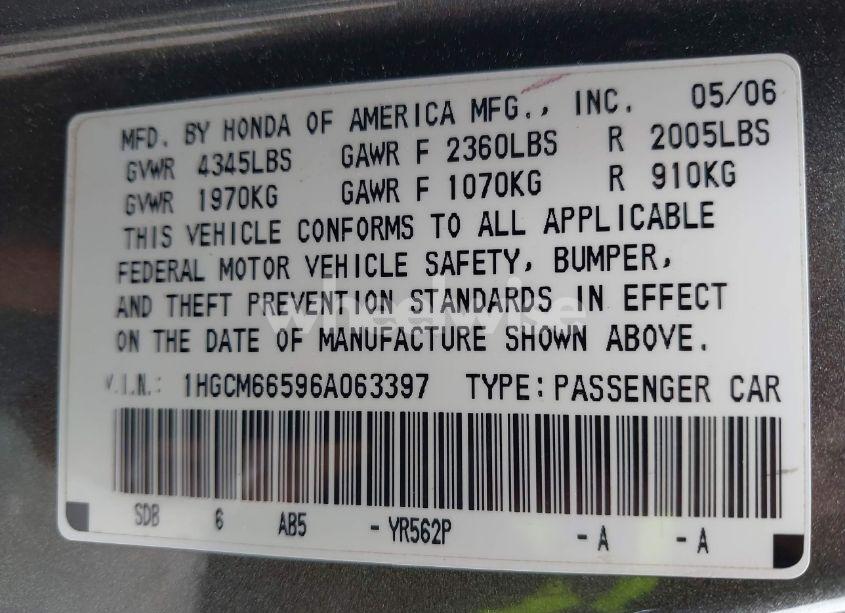 Photo 9 of 2006 Honda Accord 3.0 EX (VIN 1HGCM66596A063397)