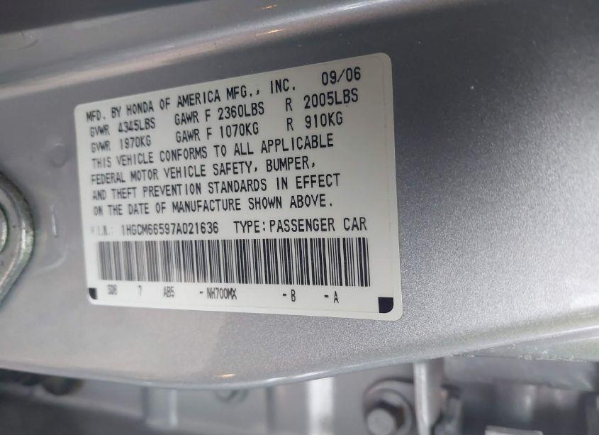 Photo 9 of 2007 Honda Accord 3.0 EX (VIN 1HGCM66597A021636)