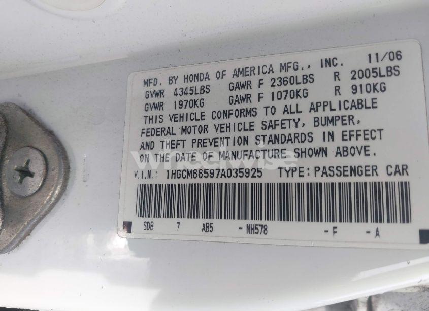 Photo 9 of 2007 Honda Accord 3.0 EX (VIN 1HGCM66597A035925)