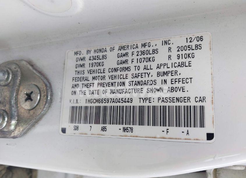 Photo 9 of 2007 Honda Accord 3.0 EX (VIN 1HGCM66597A045449)