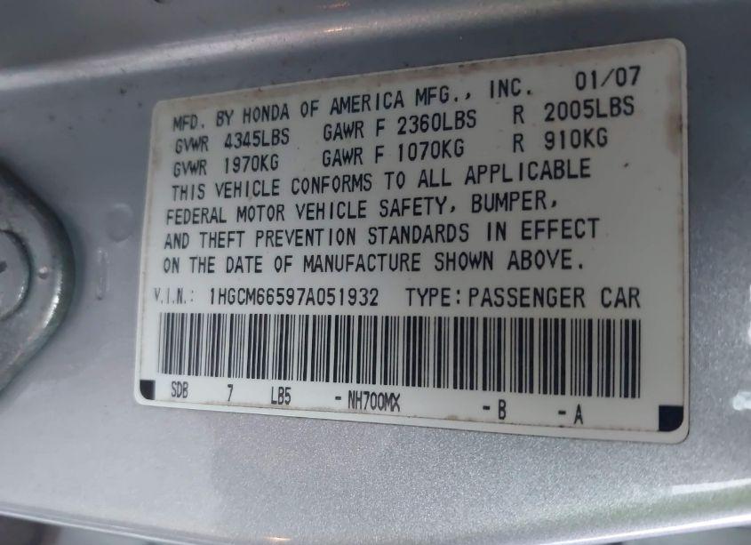 Photo 9 of 2007 Honda Accord 3.0 EX (VIN 1HGCM66597A051932)
