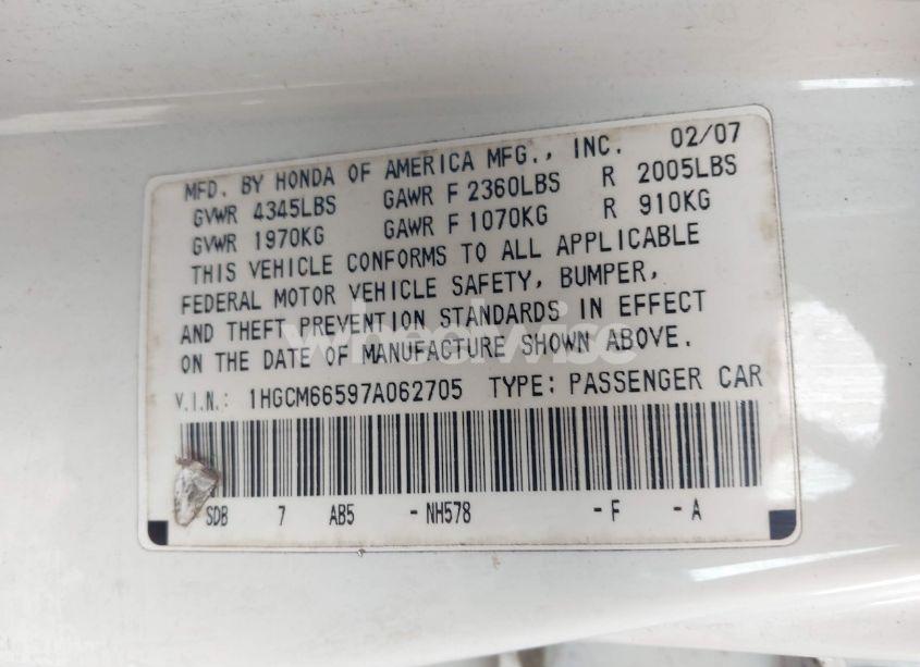 Photo 9 of 2007 Honda Accord 3.0 EX (VIN 1HGCM66597A062705)