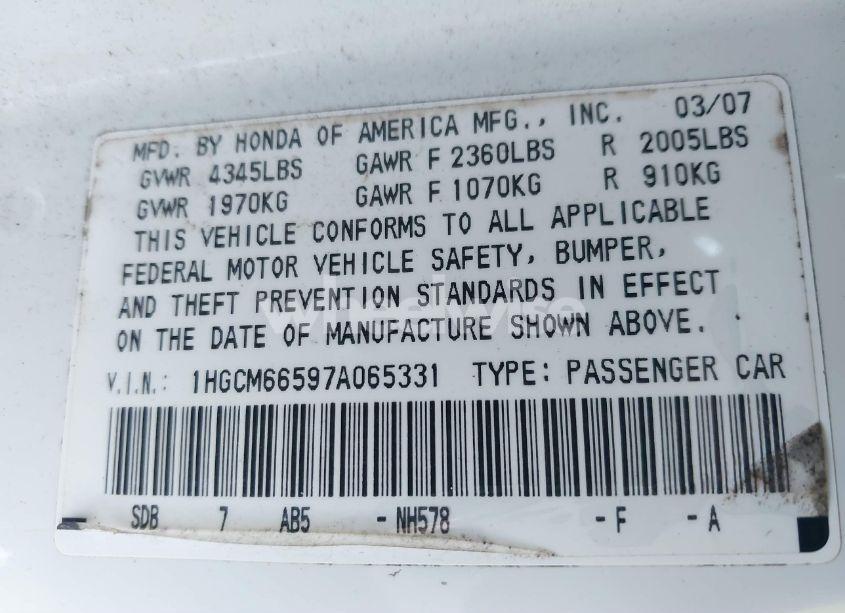 Photo 9 of 2007 Honda Accord 3.0 EX (VIN 1HGCM66597A065331)