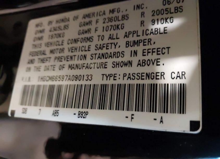 Photo 9 of 2007 Honda Accord 3.0 EX (VIN 1HGCM66597A090133)