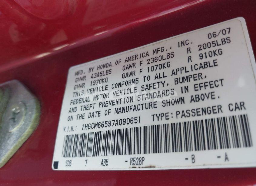 Photo 9 of 2007 Honda Accord 3.0 EX (VIN 1HGCM66597A090651)