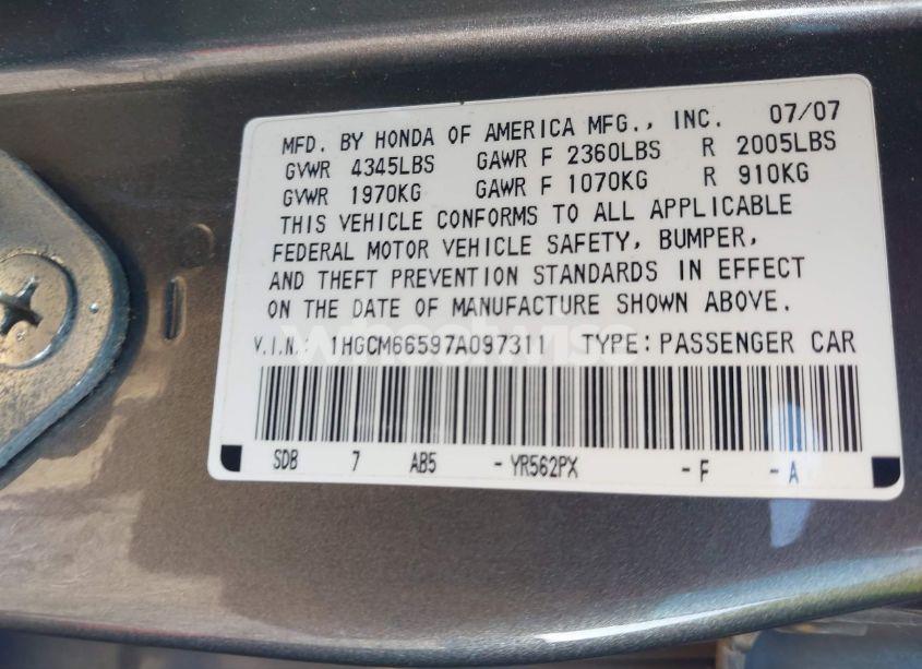 Photo 9 of 2007 Honda Accord 3.0 EX (VIN 1HGCM66597A097311)