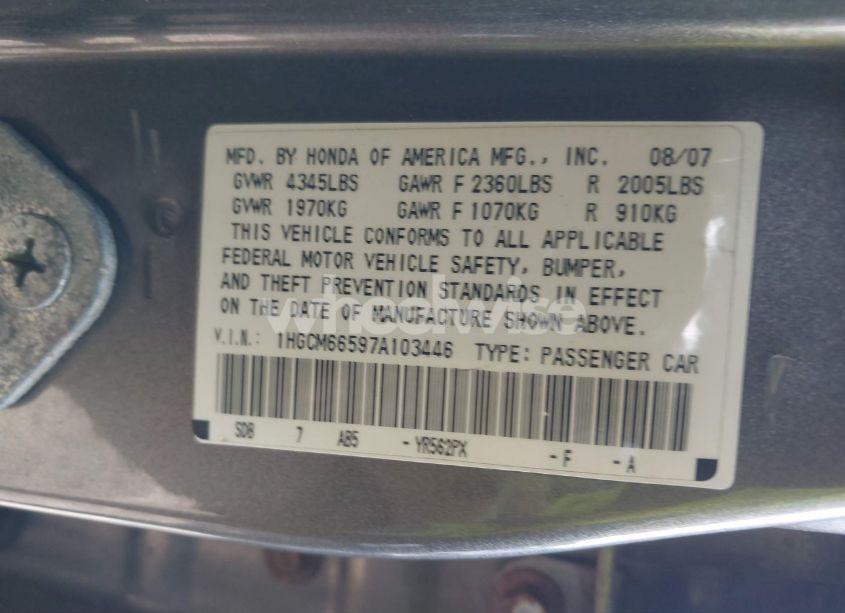 Photo 9 of 2007 Honda Accord 3.0 EX (VIN 1HGCM66597A103446)