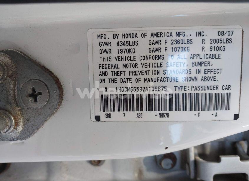 Photo 9 of 2007 Honda Accord 3.0 EX (VIN 1HGCM66597A105875)
