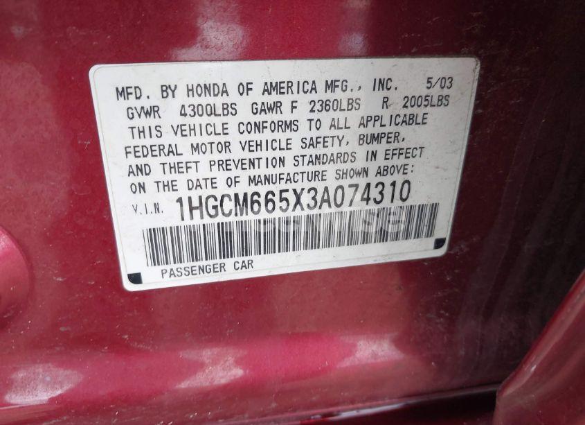 Photo 9 of 2003 Honda Accord 3.0 EX (VIN 1HGCM665X3A074310)