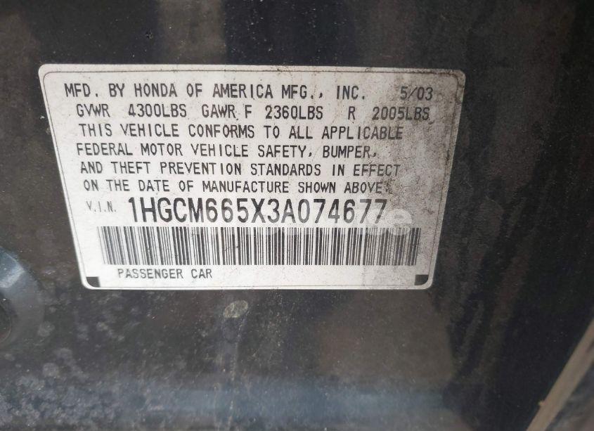 Photo 9 of 2003 Honda Accord 3.0 EX (VIN 1HGCM665X3A074677)