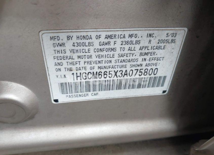 Photo 9 of 2003 Honda Accord 3.0 EX (VIN 1HGCM665X3A075800)