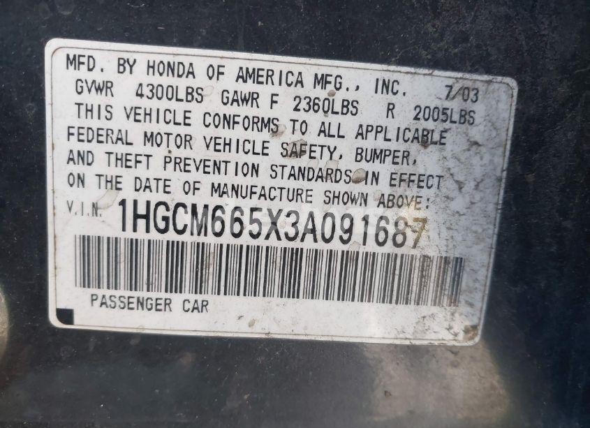 Photo 9 of 2003 Honda Accord 3.0 EX (VIN 1HGCM665X3A091687)