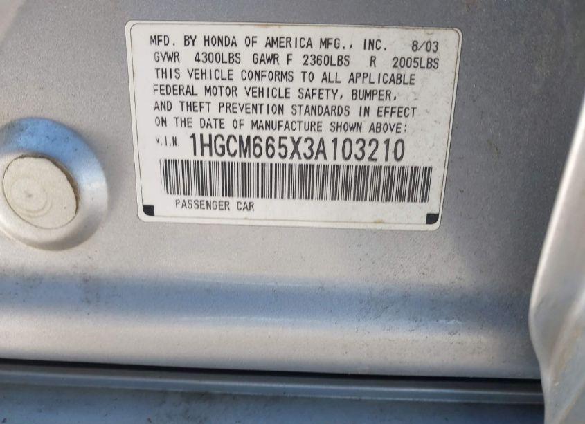Photo 9 of 2003 Honda Accord 3.0 EX (VIN 1HGCM665X3A103210)