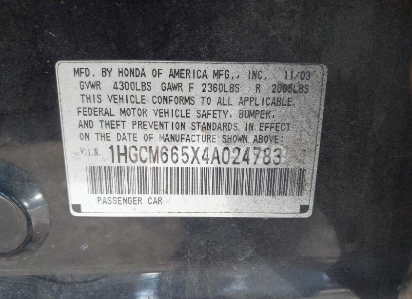 Photo 9 of 2004 Honda Accord 3.0 EX (VIN 1HGCM665X4A024783)