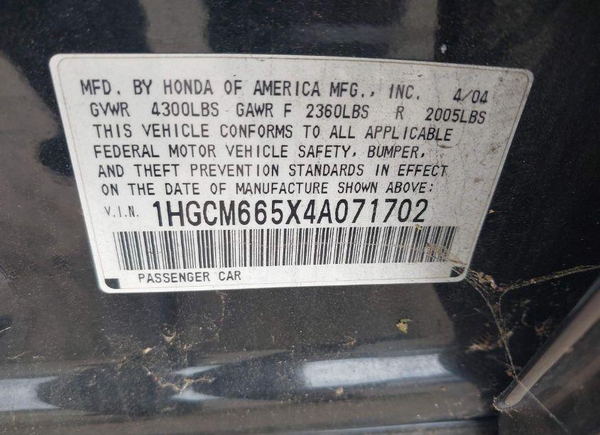 Photo 9 of 2004 Honda Accord 3.0 EX (VIN 1HGCM665X4A071702)