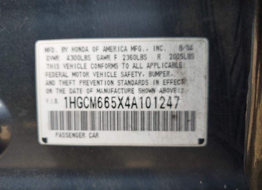 Photo 9 of 2004 Honda Accord 3.0 EX (VIN 1HGCM665X4A101247)