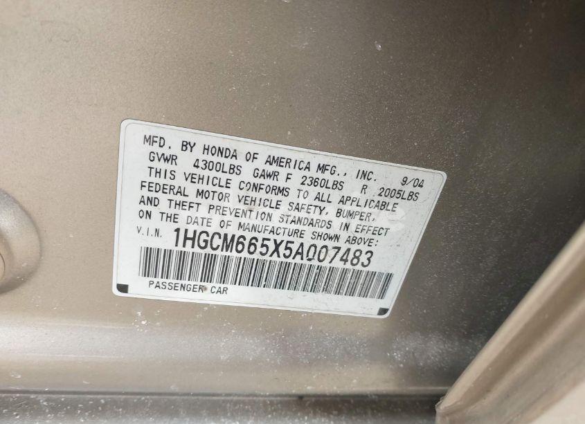 Photo 9 of 2005 Honda Accord 3.0 EX (VIN 1HGCM665X5A007483)