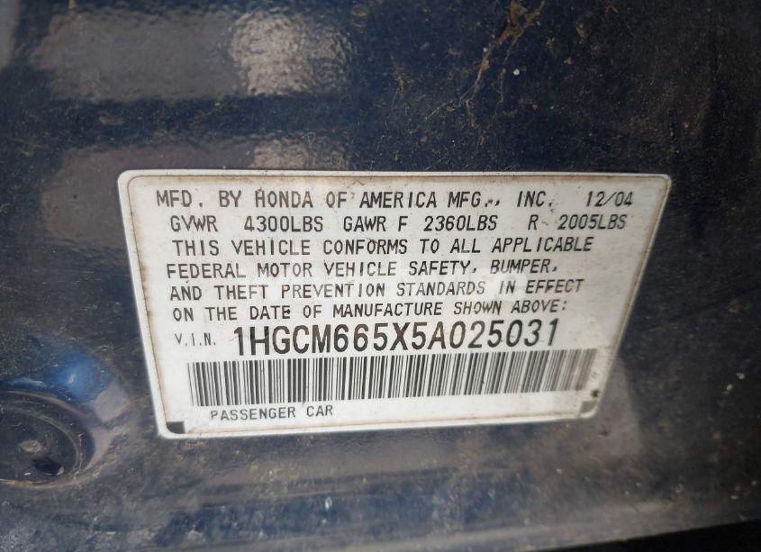 Photo 9 of 2005 Honda Accord 3.0 EX (VIN 1HGCM665X5A025031)