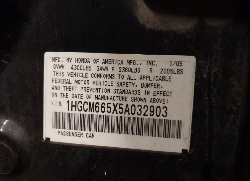 Photo 9 of 2005 Honda Accord 3.0 EX (VIN 1HGCM665X5A032903)
