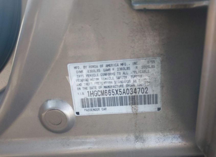 Photo 9 of 2005 Honda Accord 3.0 EX (VIN 1HGCM665X5A034702)