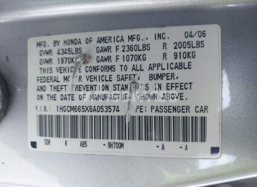 Photo 9 of 2006 Honda Accord 3.0 EX (VIN 1HGCM665X6A053574)