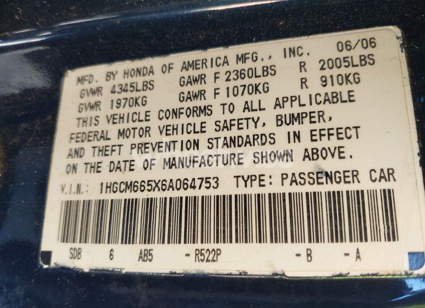 Photo 9 of 2006 Honda Accord 3.0 EX (VIN 1HGCM665X6A064753)