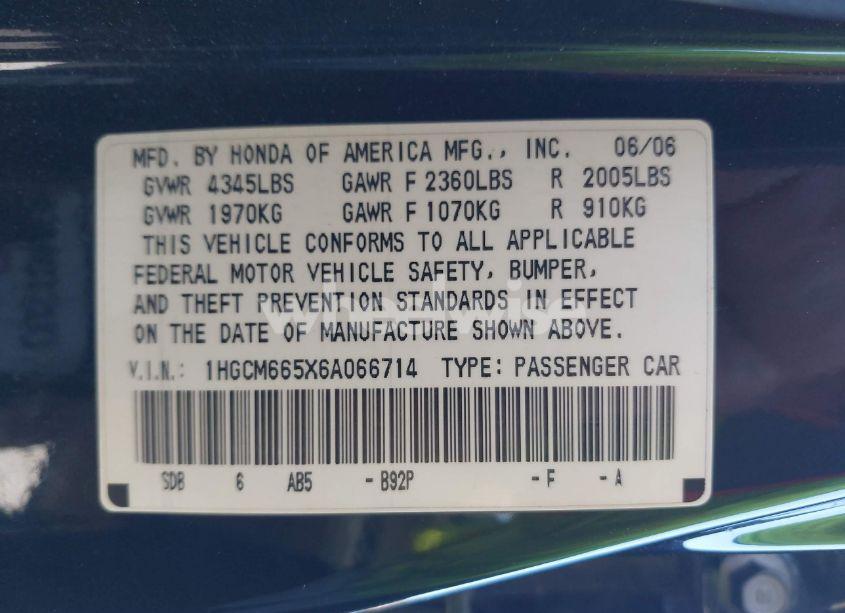 Photo 9 of 2006 Honda Accord 3.0 EX (VIN 1HGCM665X6A066714)