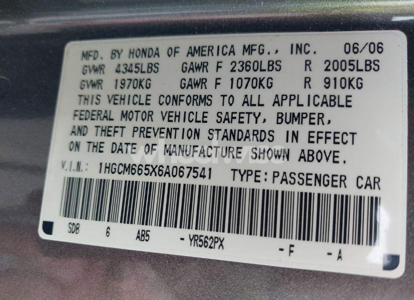Photo 9 of 2006 Honda Accord 3.0 EX (VIN 1HGCM665X6A067541)