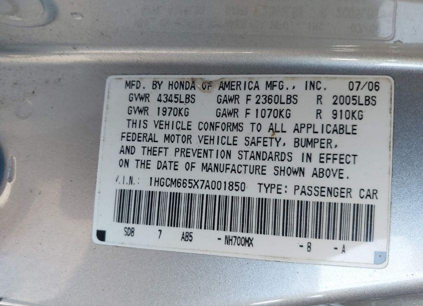 Photo 9 of 2007 Honda Accord 3.0 EX (VIN 1HGCM665X7A001850)