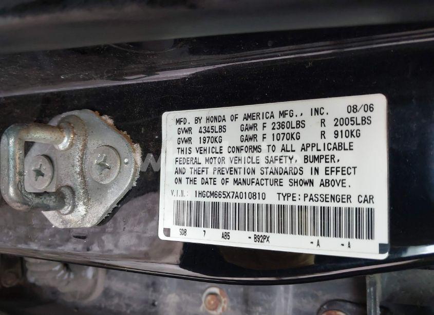 Photo 9 of 2007 Honda Accord 3.0 EX (VIN 1HGCM665X7A010810)