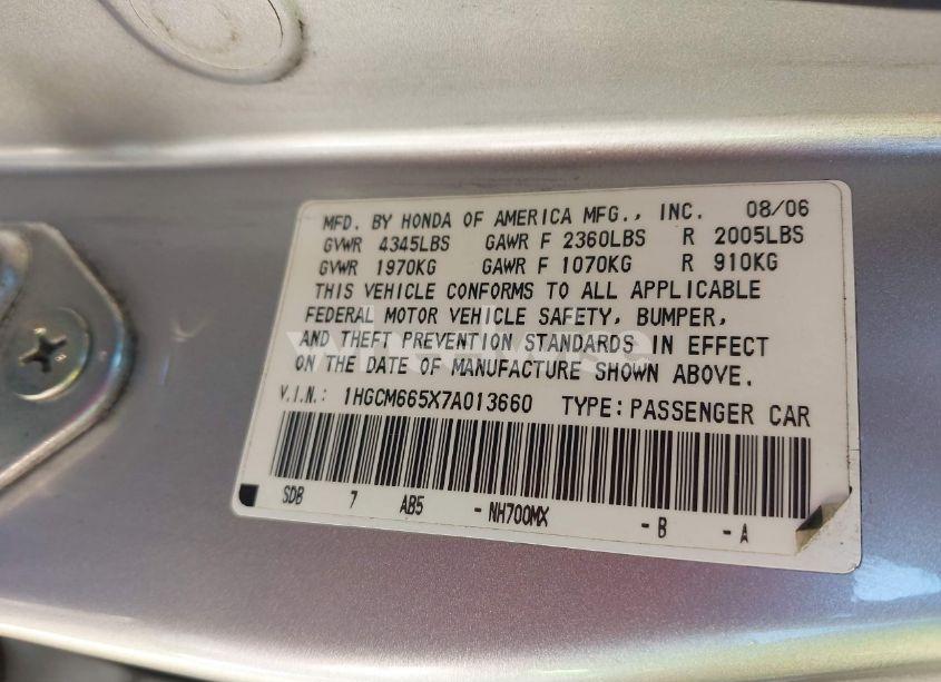 Photo 9 of 2007 Honda Accord 3.0 EX (VIN 1HGCM665X7A013660)