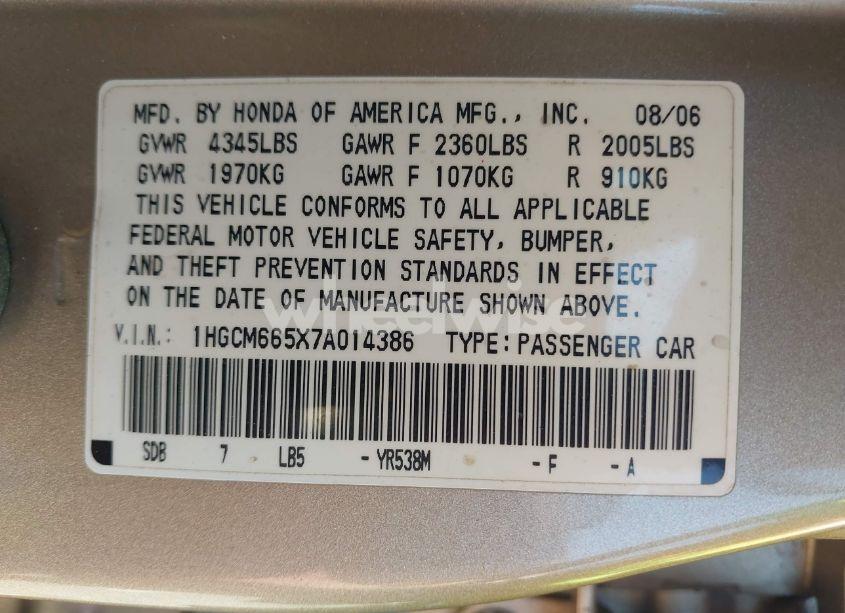 Photo 9 of 2007 Honda Accord 3.0 EX (VIN 1HGCM665X7A014386)