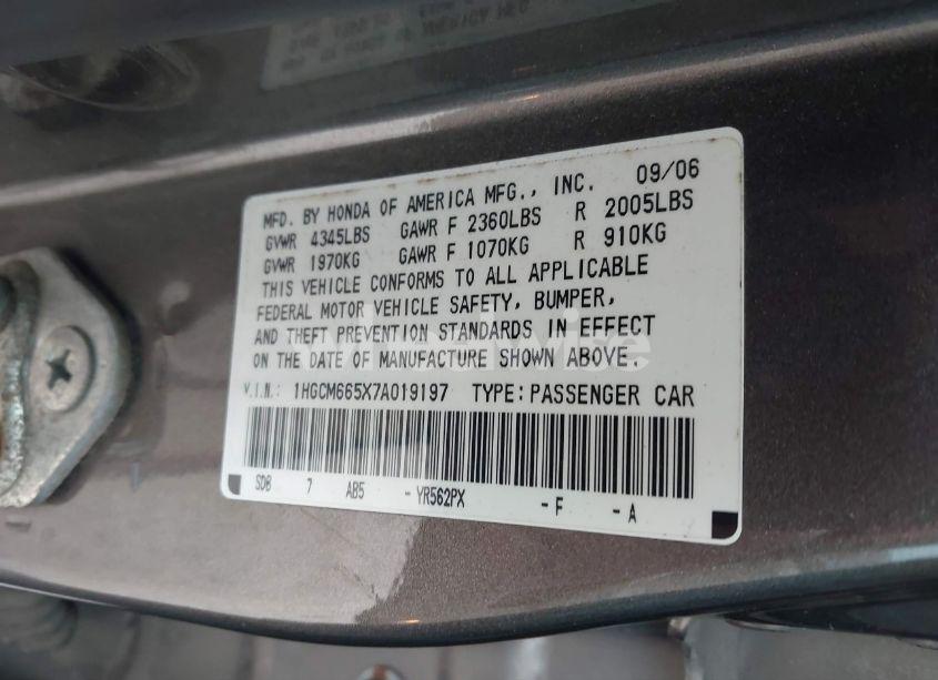 Photo 9 of 2007 Honda Accord 3.0 EX (VIN 1HGCM665X7A019197)