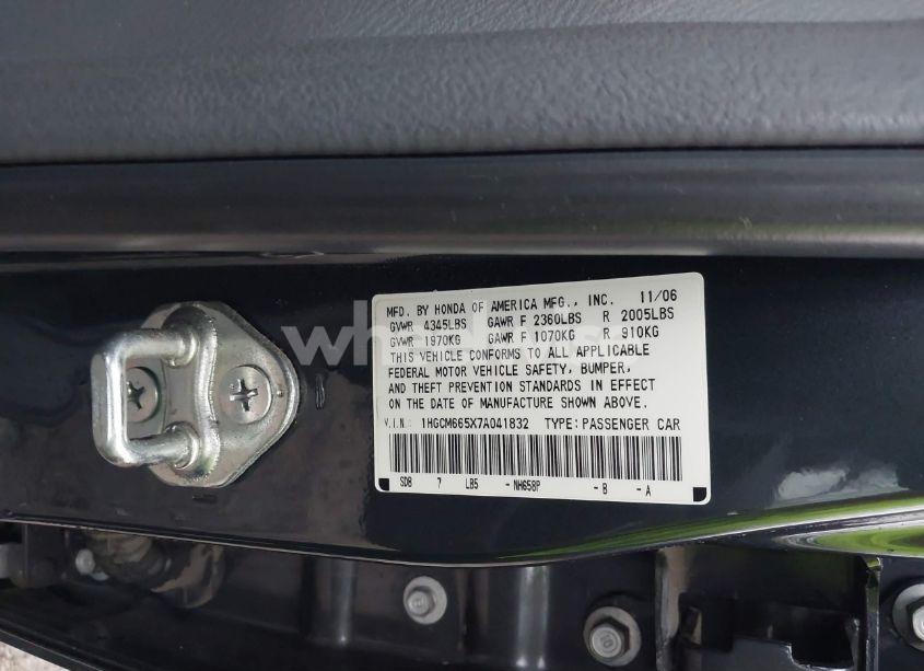 Photo 9 of 2007 Honda Accord 3.0 EX (VIN 1HGCM665X7A041832)