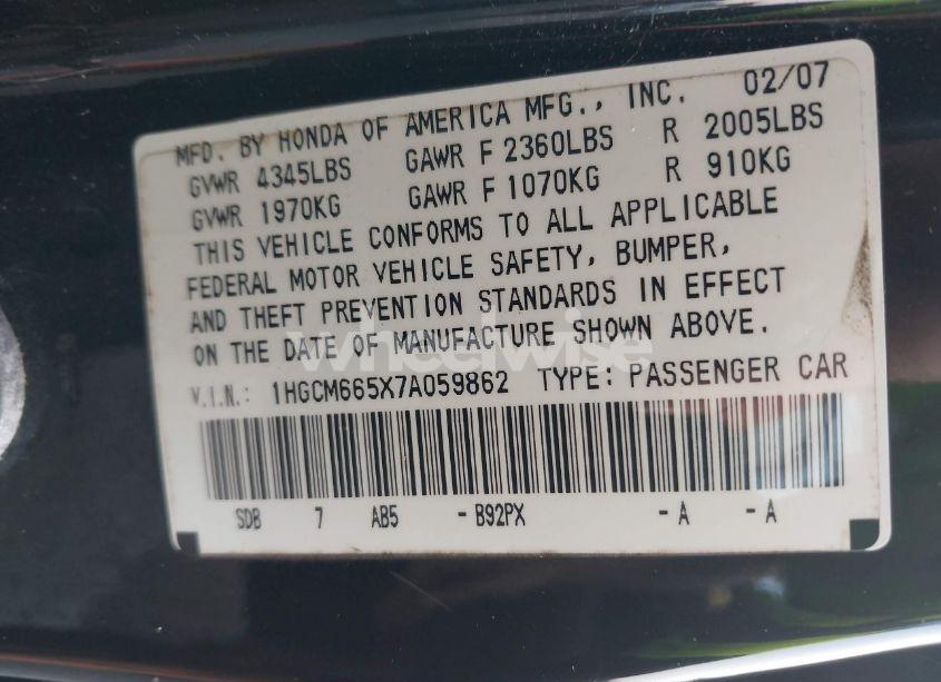 Photo 9 of 2007 Honda Accord 3.0 EX (VIN 1HGCM665X7A059862)
