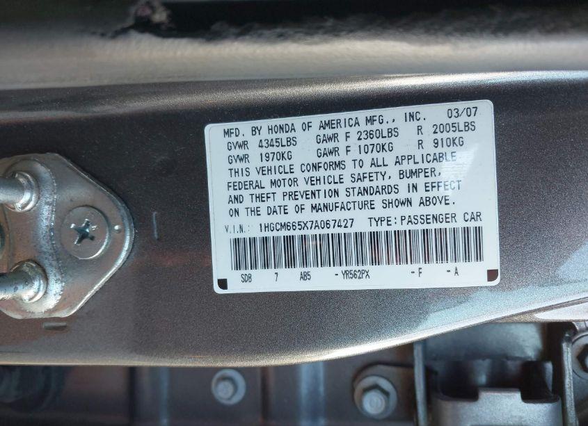 Photo 9 of 2007 Honda Accord 3.0 EX (VIN 1HGCM665X7A067427)