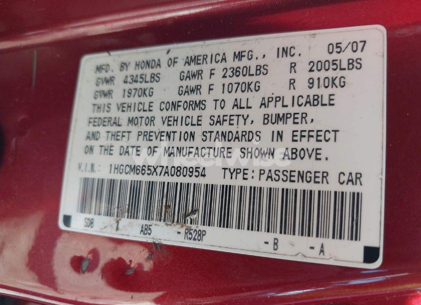 Photo 9 of 2007 Honda Accord 3.0 EX (VIN 1HGCM665X7A080954)