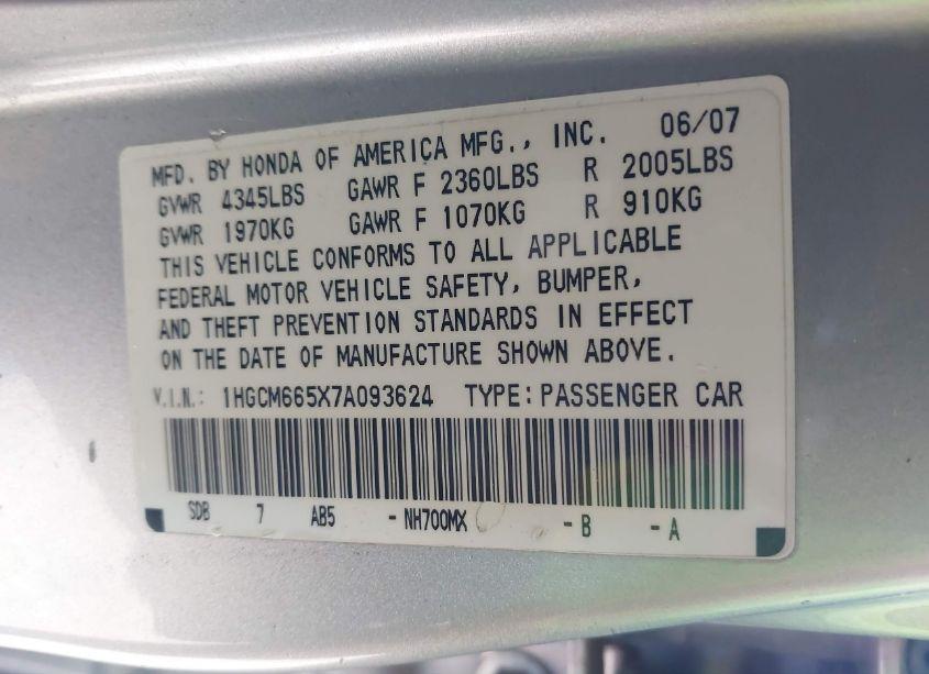 Photo 9 of 2007 Honda Accord 3.0 EX (VIN 1HGCM665X7A093624)
