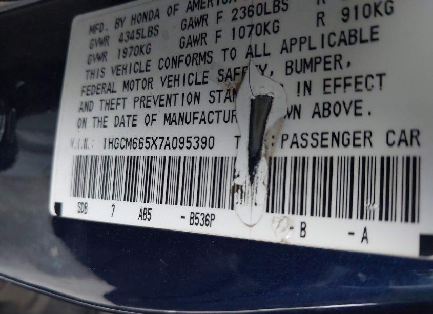 Photo 9 of 2007 Honda Accord 3.0 EX (VIN 1HGCM665X7A095390)