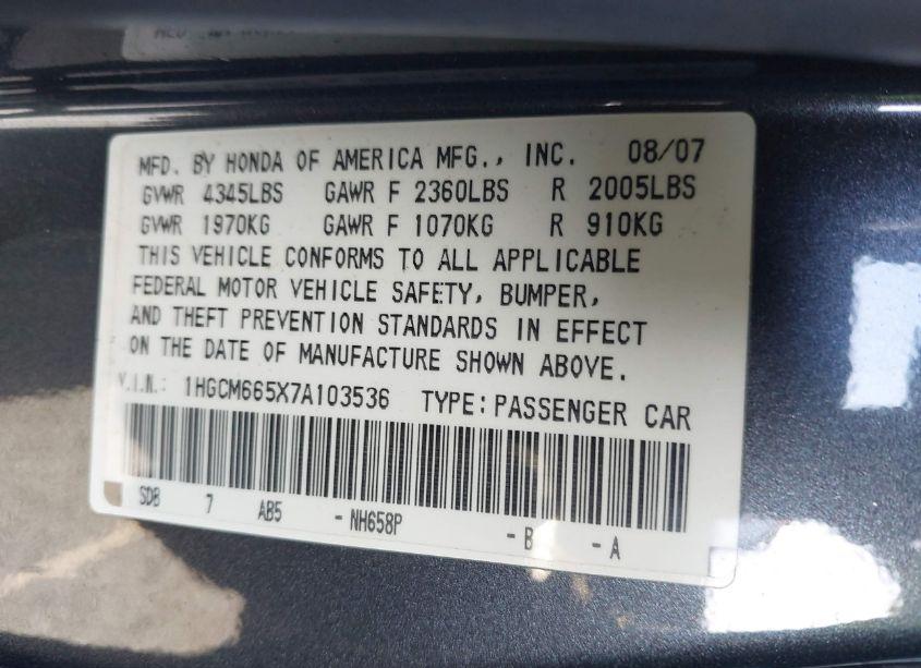 Photo 9 of 2007 Honda Accord 3.0 EX (VIN 1HGCM665X7A103536)