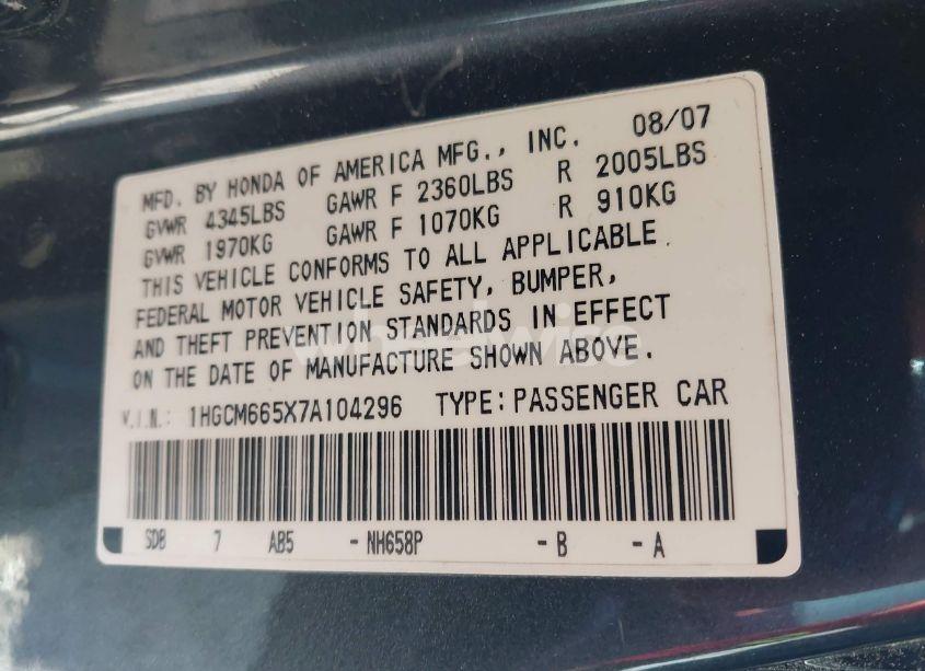 Photo 9 of 2007 Honda Accord 3.0 EX (VIN 1HGCM665X7A104296)