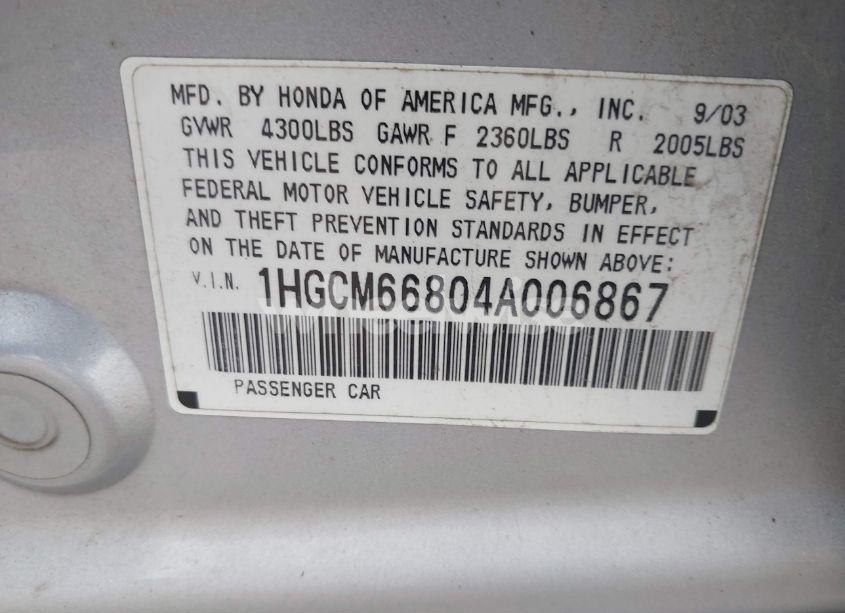 Photo 9 of 2004 Honda Accord 3.0 EX (VIN 1HGCM66804A006867)